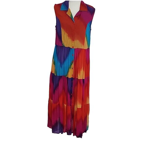 Vintage Phool Tie Dyed Sleeveless Tiered Cotton Boho Festive Midi Dress Size M - Picture 1 of 11